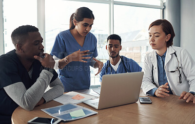 Buy stock photo Doctor, nurse and teamwork in meeting with computer, presentation and idea for solution in medical residency. Healthcare people, student and group leadership with online research for clinical trial
