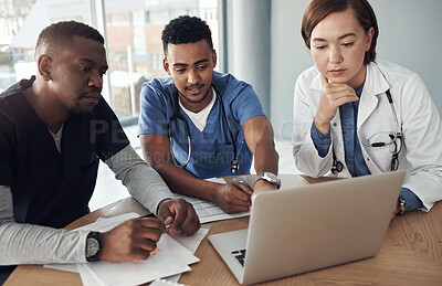 Buy stock photo Doctor, teamwork and thinking on computer for meeting, research ideas and medical results with new software. Healthcare group, people and nurse with online presentation or laptop for clinic decision