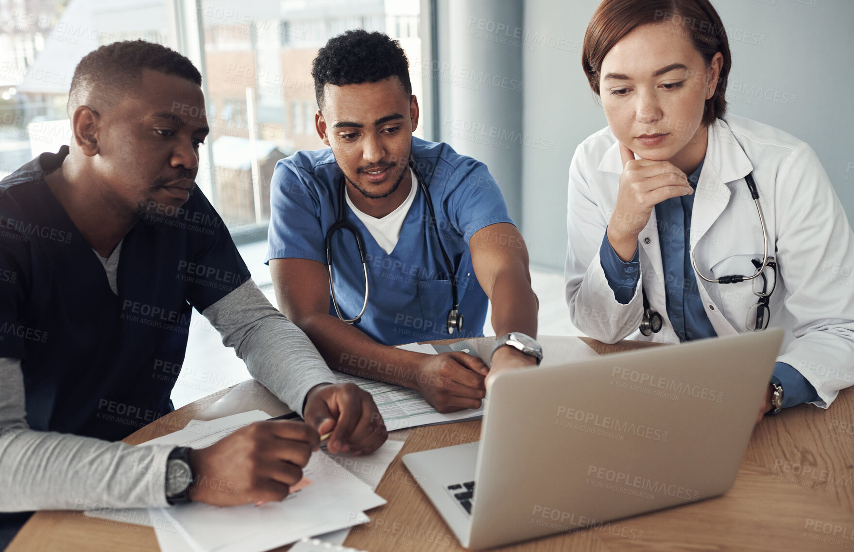 Buy stock photo Doctor, teamwork and thinking on computer for meeting, research ideas and medical results with new software. Healthcare group, people and nurse with online presentation or laptop for clinic decision