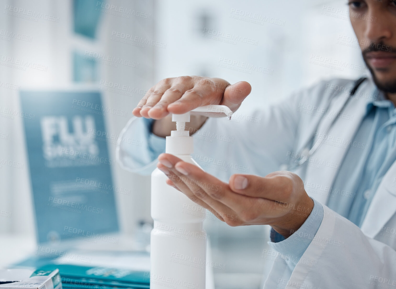 Buy stock photo Doctor, man and hands with sanitizer for health safety, bacterial and germ removal at laboratory. Nurse, medical and healthcare professional cleaning for disinfection or protection at hospital