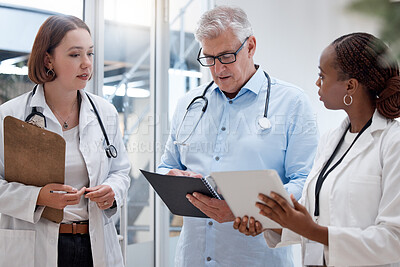 Buy stock photo Doctor, nurse and medical chart in hospital for research, notes and discussion for healthcare on tablet in clinic. Teamwork, meeting and employee agenda for planning, innovation and medicine study