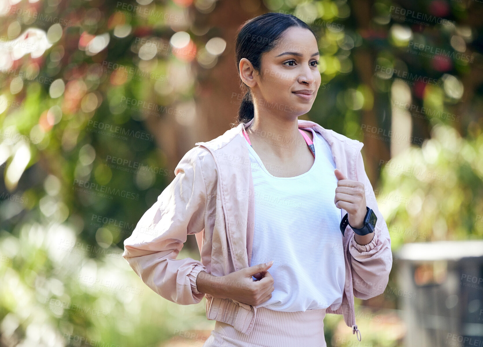 Buy stock photo Nature, woman and running outdoor for fitness, workout and exercise with smile as routine. Runner, female person and training for healthy body, wellness and mental wellbeing with sports in park