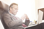 A businessman using a laptop in a modern office. A mature male executive browsing online for business with a computer at work