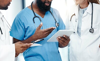 Buy stock photo Tablet, healthcare and insurance with a doctor and his team doing research online for medical, trust and care. Collaboration, analytics and development with a health professional, surgeon and nurse