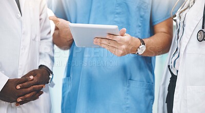 Buy stock photo Teamwork, healthcare and doctors planning on digital tablet, sharing advice and checking online schedule in a hospital. Communication, strategy and innovation closeup of health experts sharing vision
