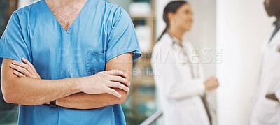 Buy stock photo Nurse, doctor and trust in healthcare hospital, medical and wellness room after teamwork collaboration meeting. Clinic hands, arms crossed or motivation medicine support for insurance surgery success
