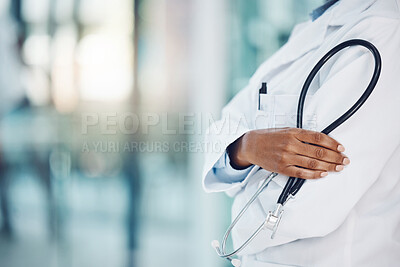 Buy stock photo Black doctor hands, stethoscope and healthcare in hospital for medical leadership, wellness and clinic service. Closeup of cardiology expert, heart surgeon and professional african woman in medicine 