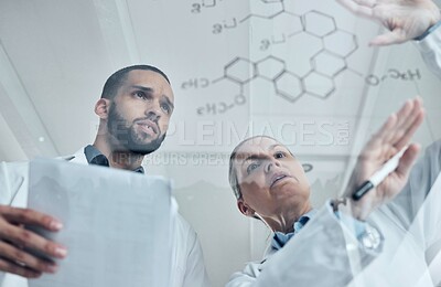 Buy stock photo Scientist team, science and chemistry formula on glass board while solving or discuss experiment or solution in a medical laboratory. Innovation, discovery and development with biology man and woman