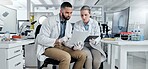 Scientist partnership document for medical research laboratory discussion in healthcare science future innovation report. Man and woman doctor teamwork talk on exam or test analysis biology paperwork