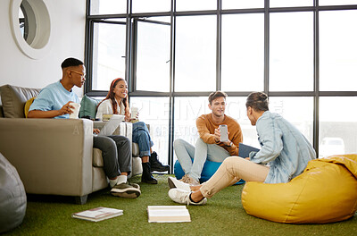 Buy stock photo Startup, meeting and team happy in funny, comic and joke time at work with diversity. Office, business and friends together in teamwork with notebook, laptop and coffee workplace in Cape Town