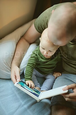 Buy stock photo Family, father with baby and reading book, storytelling with learning and development, early childhood and love top view. Man, child and story, bonding and care, relationship and learn language