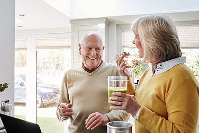 Buy stock photo Home, smile and laptop with senior couple, health and retirement with connection, website information and internet. Apartment, old man and elderly woman with a pc, diet plan and email with support