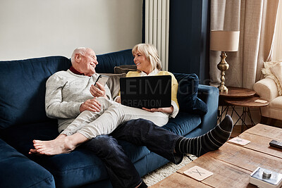 Buy stock photo Phone, laptop and senior couple on sofa to relax, smile and social media in home. Computer, smartphone and happy elderly man and woman in living room for communication, love and healthy relationship