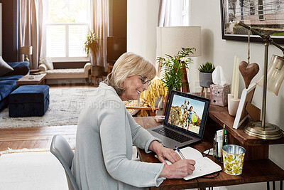 Buy stock photo Senior woman, journal and author writing notes with laptop at home. Happy, mature female and planning in retirement with to do list, notes and inspiration for diary and novel or book idea in house