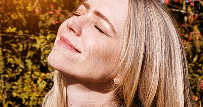 Buy stock photo Smile, nature and woman in sunshine by the trees in outdoor park, field or garden. Happy, calm and peaceful female person from Canada by green leaves and plants for fresh air and daydreaming.
