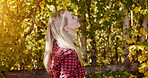 Thinking, nature and profile of mature woman by the trees in an outdoor park, field or garden. Happy, daydreaming and female person from Canada walking by green leaves and plants for fresh air.
