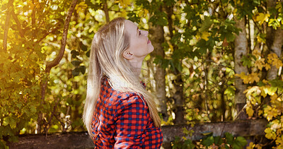 Buy stock photo Thinking, nature and profile of mature woman by the trees in an outdoor park, field or garden. Happy, daydreaming and female person from Canada walking by green leaves and plants for fresh air.