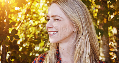 Buy stock photo Nature, smile and profile of mature woman by trees with positive, good and confident attitude. Happy, outdoor and female person from Australia in an outdoor field, park or garden for fresh air.