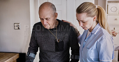 Buy stock photo Medical, help and nurse with senior man in a nursing home kitchen with crutches and consultation. Healthcare, career and female caregiver with elderly male patient in retirement at modern house.