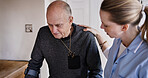Medical, help and nurse with elderly man in a nursing home kitchen with crutches and consultation. Healthcare, career and female caregiver with senior male patient in retirement at modern house.