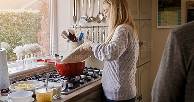 Buy stock photo Woman, cooking and stove in home kitchen with plate, healthy ingredients and meal prep for nutrition. Chef person, pot and food with idea, thinking and process for diet, lunch or dinner in house