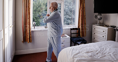 Buy stock photo Senior man stretching in home bedroom, relax and body health in the morning. Elderly person exercise, wake up and flexible for wellness, fitness or training workout in retirement, apartment or house