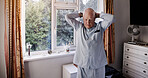 Nursing home, fitness and senior man with stretching in a room for recovery, exercise or physio. Physiotherapy, training and elderly male person with body stretch workout at a rehabilitation house