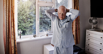 Buy stock photo Nursing home, fitness and senior man with stretching in a room for recovery, exercise or physio. Physiotherapy, training and elderly male person with body stretch workout at a rehabilitation house