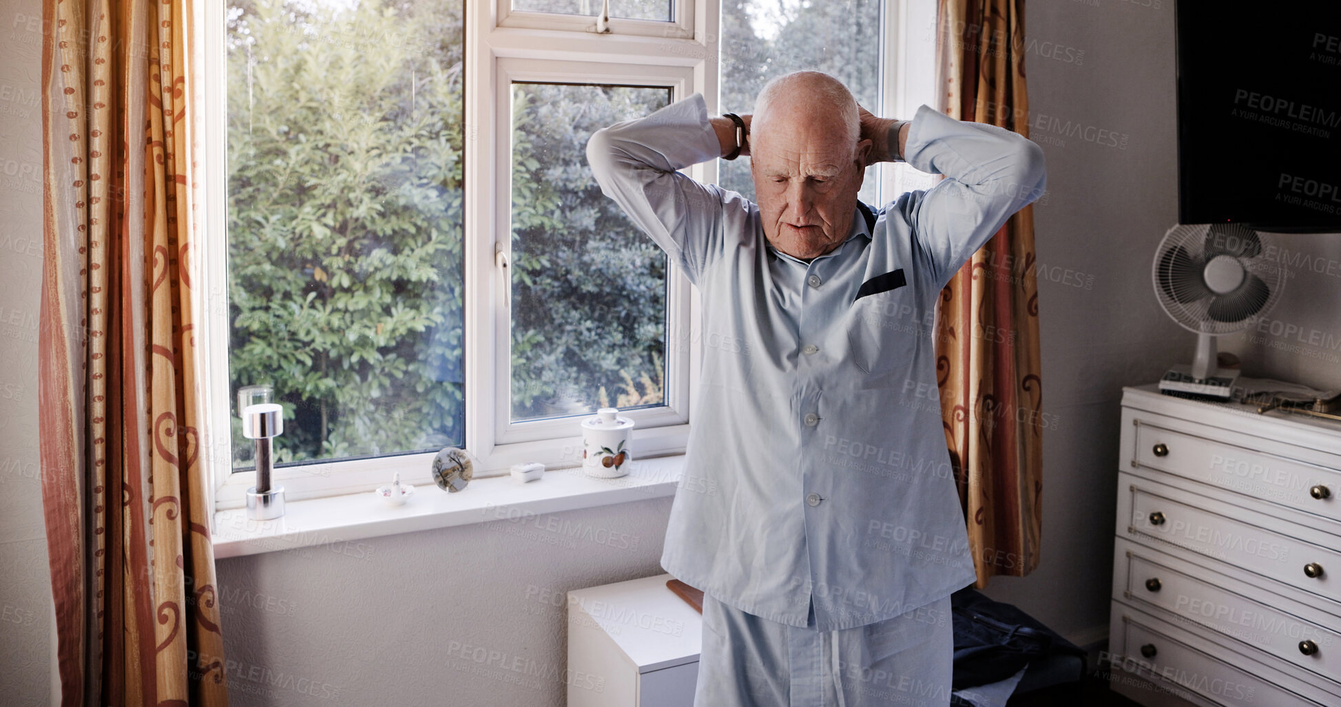 Buy stock photo Nursing home, fitness and senior man with stretching in a room for recovery, exercise or physio. Physiotherapy, training and elderly male person with body stretch workout at a rehabilitation house