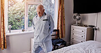 Morning, retirement and senior man in bedroom for wake up, start and getting ready for the day. Thinking, house and elderly person by window with nostalgia, reflection and memory of past in home