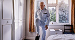 Fitness, nursing home and senior man lifting legs in a room for recovery, exercise or physio. Physiotherapy, training and elderly male person with body healing workout in rehabilitation house bedroom