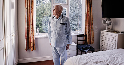 Buy stock photo Morning, thinking and senior man in bedroom for wake up, start and getting ready for the day. Retirement, house and health with elderly person by window with nostalgia, reflection and memory to relax