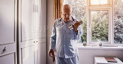 Buy stock photo Home, dumbbells and old man with exercise, health and wellness with retirement, lifting weights and pensioner. Elderly person, apartment and senior guy with workout for power, mobility and activity