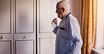 Nursing home, fitness and senior man with dumbbell in a room for recovery, exercise or physio. Physiotherapy, training and elderly male person with weightlifting workout at a rehabilitation house