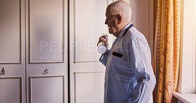 Buy stock photo Nursing home, fitness and senior man with dumbbell in a room for recovery, exercise or physio. Physiotherapy, training and elderly male person with weightlifting workout at a rehabilitation house