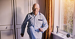 Nursing home, fitness and senior man lifting legs in a room for recovery, exercise or physio. Physiotherapy, training and elderly male person with body healing workout in rehabilitation house bedroom