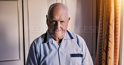 Buy stock photo Morning, pajamas and portrait of senior man in home, bedroom and wake up in retirement. Elderly, person and calm face with health or wellness in house to relax on vacation or holiday in living room