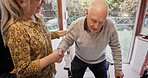 Senior, couple or help with walking for care, support or assistance on sofa in living room of home. Elderly, woman or man with disability or cane in lounge of retirement with love, trust and recovery