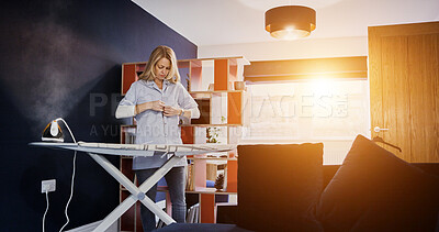 Buy stock photo Iron, shirt and woman in morning with laundry, cleaning and steam clothes on board. Ironing, table or person in apartment, home or living room with housekeeping, care and routine for clothing