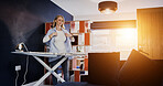 Iron, shirt and woman in morning with laundry, cleaning and steam clothes on board. Ironing, table or person with housekeeping in apartment, home or living room with care for clothing and fabric