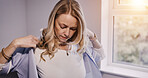 Woman, clothes and getting ready for work in home with shirt, jacket or garment. Female entrepreneur, creative and startup in modern, trendy and fashion for professional, career and elegant style