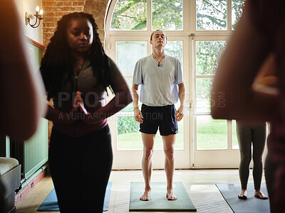 Buy stock photo Yoga class, breathing and group of people doing a exercise for mind, body and spiritual balance. Health, wellness and community with pilates workout to heal chakra in zen, calm and meditation studio.