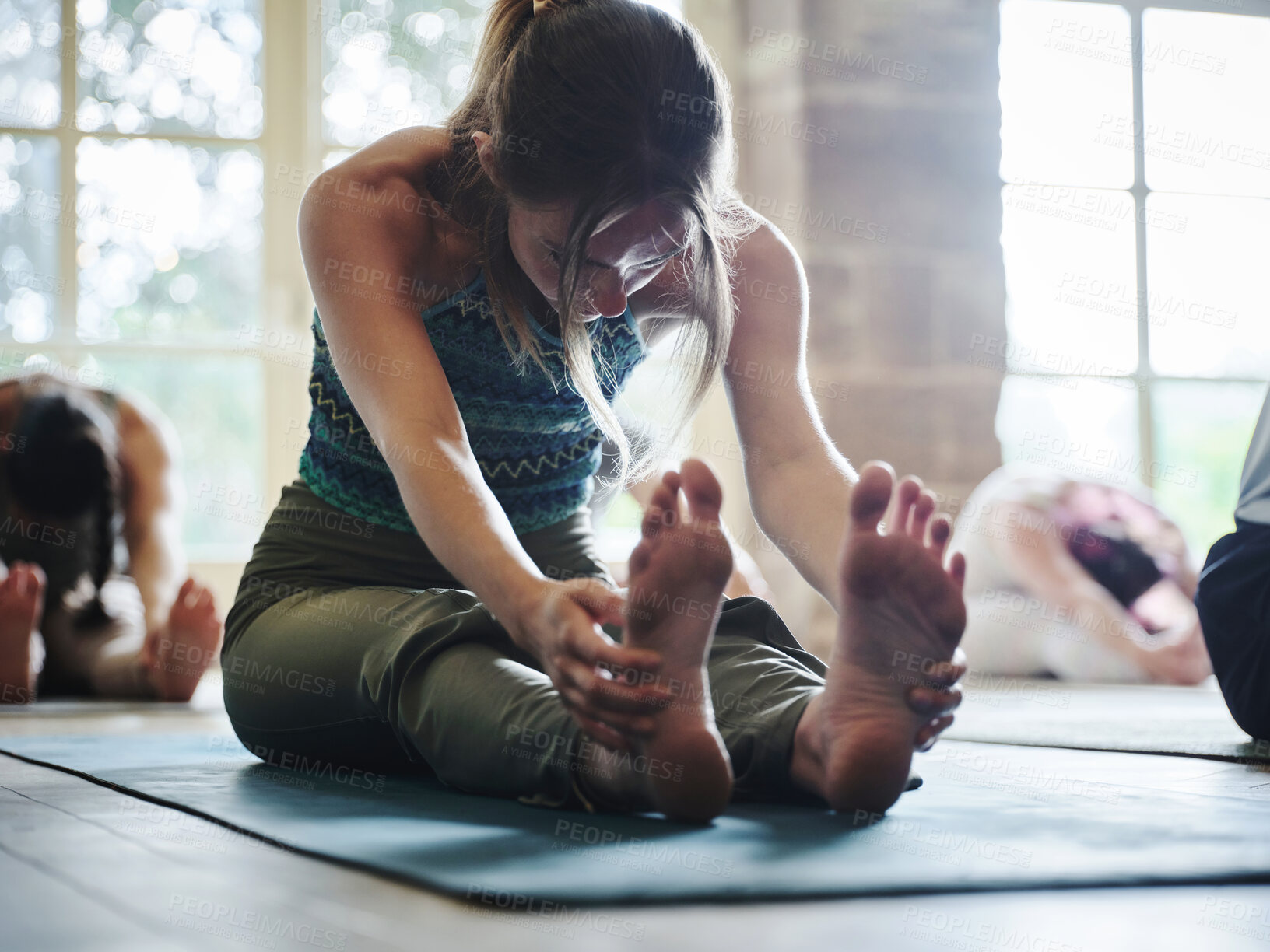 Buy stock photo Group, woman and stretching for exercise, yoga or legs in gym, class or studio with mindfulness or zen. Pilates, person and workout for wellness, healthy body or balance in fitness center for posture