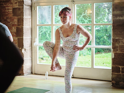 Buy stock photo Woman, yoga and stretching body in class for exercise, workout or health and wellness in balance at gym. Female person or yogi in warm up, stretch or pose in fitness, pilates lesson or indoor session