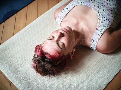 Buy stock photo Meditate, yoga and woman in savasana pose at gym, relax and peace in mindfulness. Zen, calm person and corpse body exercise on floor above, breathing for fitness and wellness, health and girl sleep