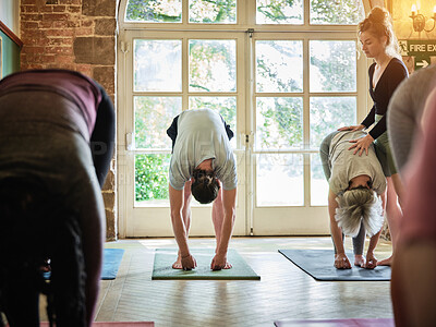 Buy stock photo Group, people and stretching for yoga, instructor and exercise in fitness centre or gym with mat. Wellness, zen and women with pilates, physical activity and training on floor of studio for balance
