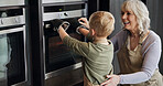 Oven, cooking and mature woman with child in kitchen together with love and bonding in retirement. Baking, skills and development of kid helping grandmother with preparing dessert, food or cookies