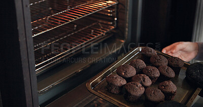 Buy stock photo Muffins, cooking and hands with tray from oven, kitchen or morning in bakery with process or production. Baking, dessert or person with cupcakes for a delicious snack, pastry or prepare food in home