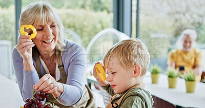 Buy stock photo Play, grandma or child cooking for lunch, vegetables or nutrition with fruits or joy in family home. Games, grandparents or kid with happy grandmother, smile or food for health, care or wellness 