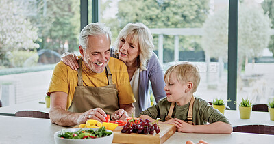 Buy stock photo Kitchen fruit, vegetables and happy family cooking nutrition food, home recipe or teaching child development skills. Nutritionist, wellness and vegan mother, father and kid learning to make salad